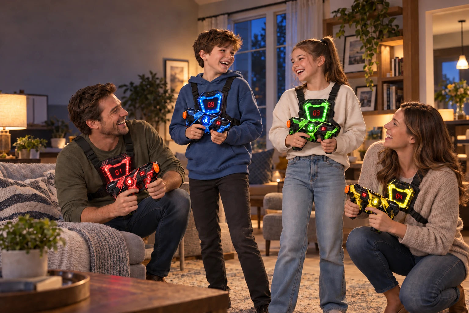 A family enjoying a BEAM RIVALS laser tag game together at home