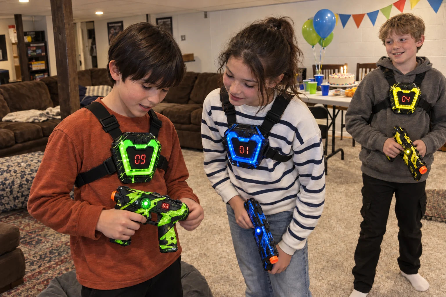 Children with green, blue and yellow laser tag sets during a birthday party in a basement rec room