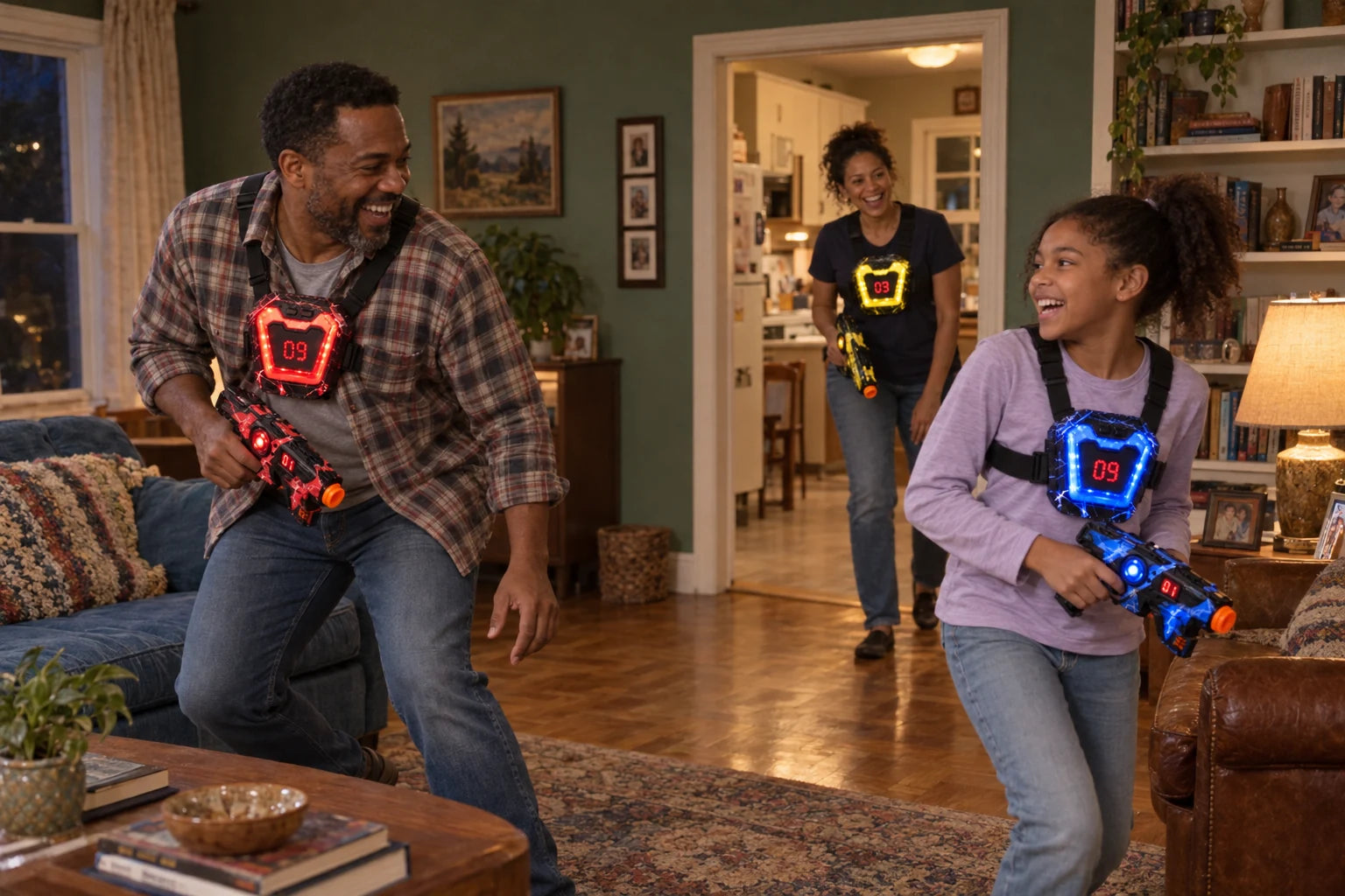 A father and daughter laughing together while their mother joins a laser tag game