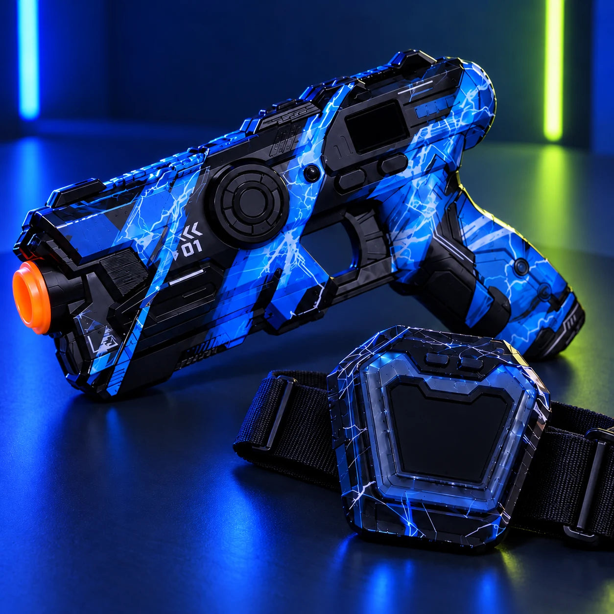 Blue laser tag blaster and chest target with lights off