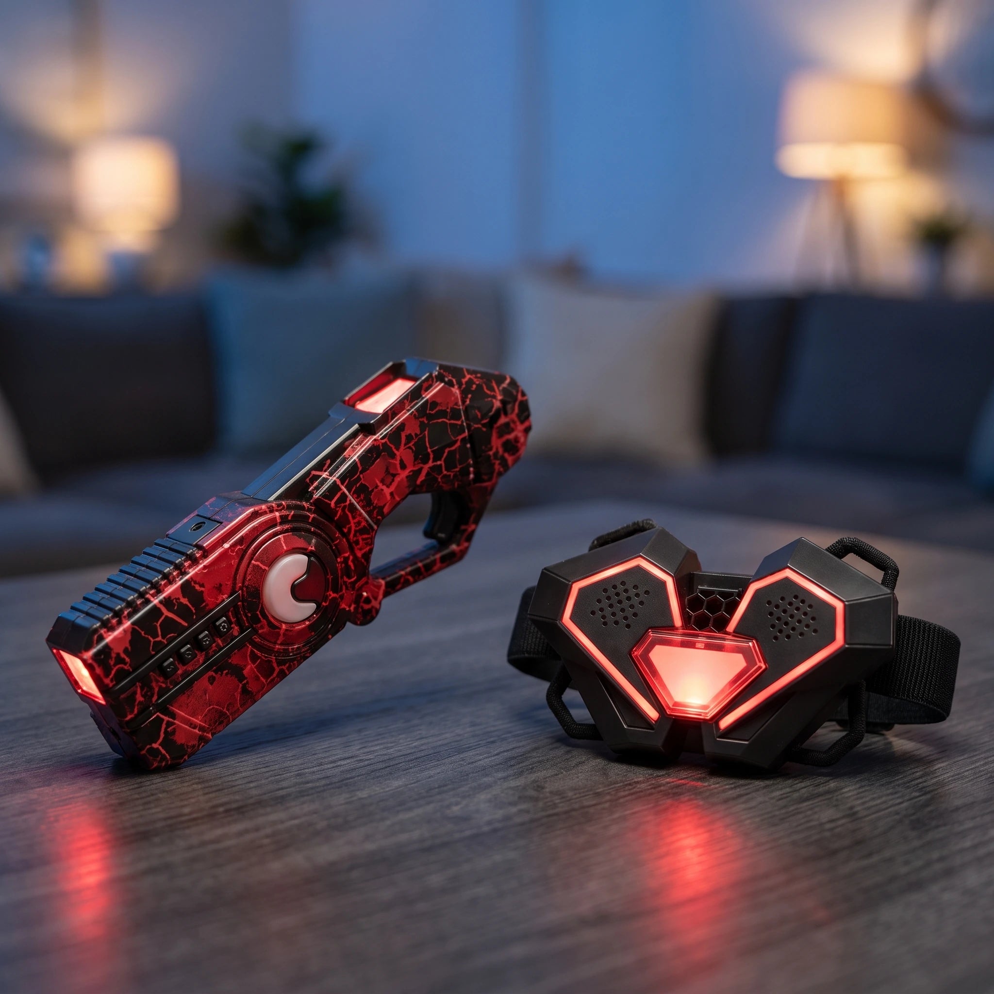 A close look at the red blaster and matching angular chest sensor