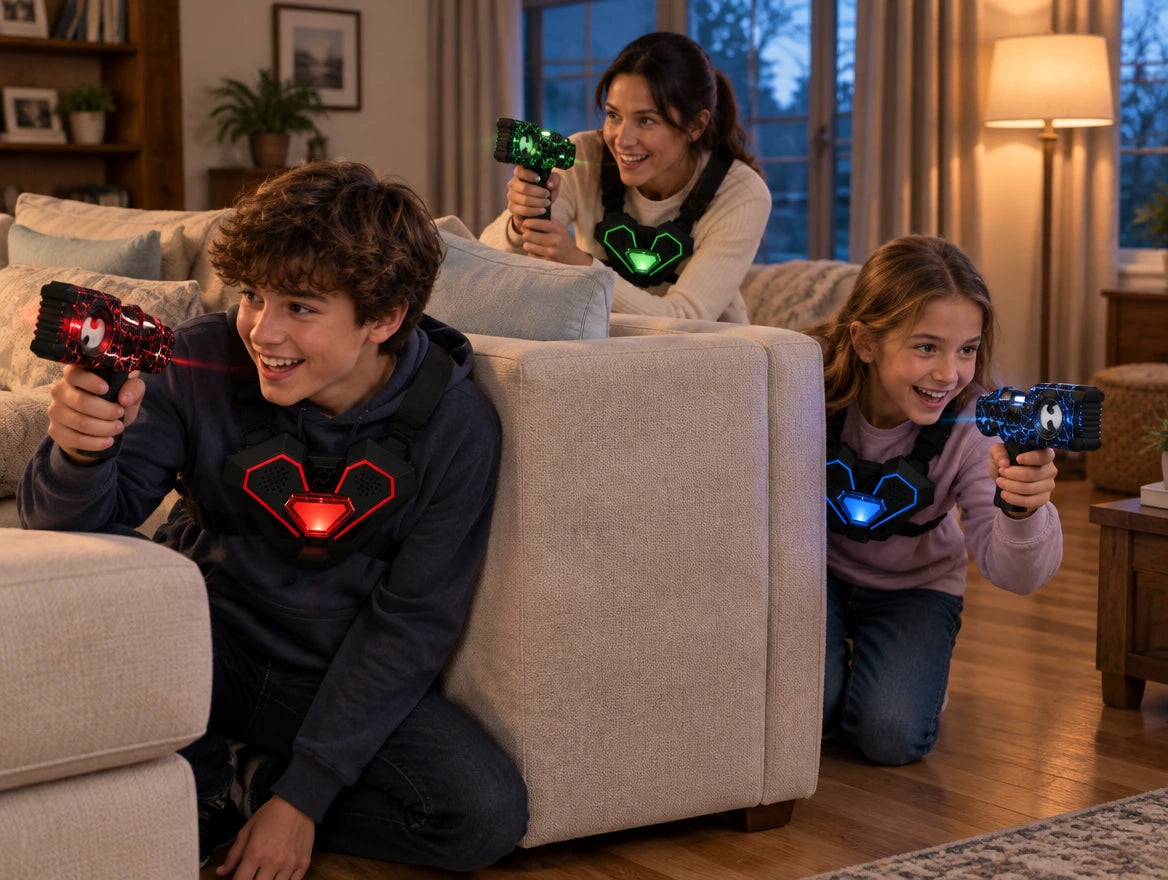 A family playing a friendly laser-tag game at home