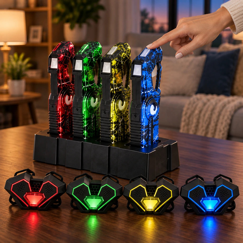 Four colored blasters and chest sensors on a coffee table