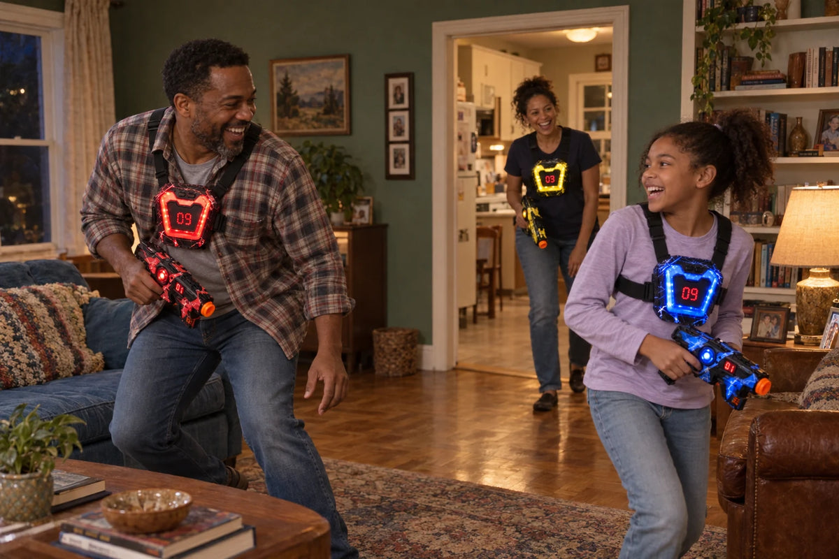 Parents and their daughter sharing a playful rematch in a lived-in family room