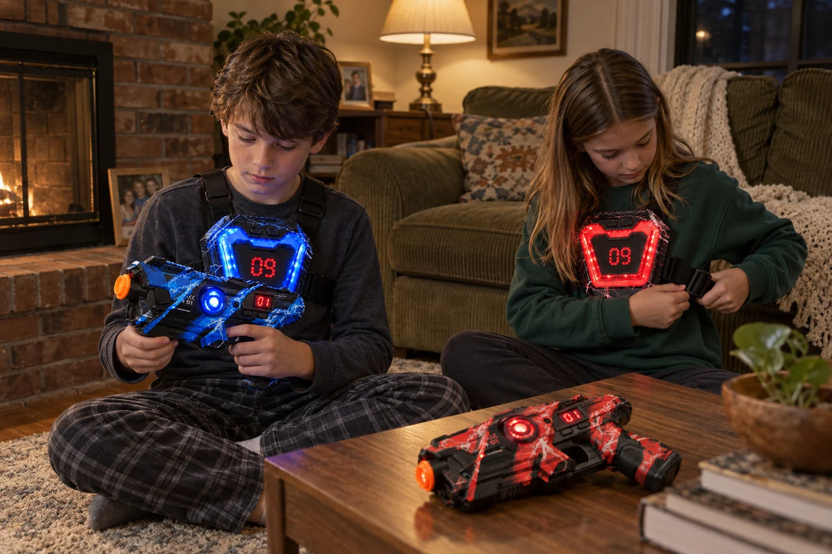 Two children setting up blue and red laser tag equipment in a cozy den