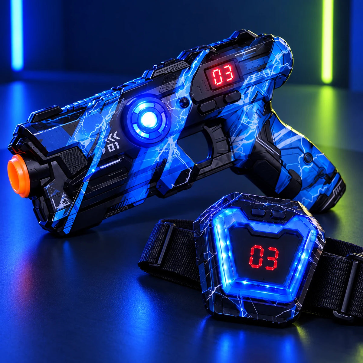 Close-up of a blue BEAM RIVALS light-up blaster and digital chest target