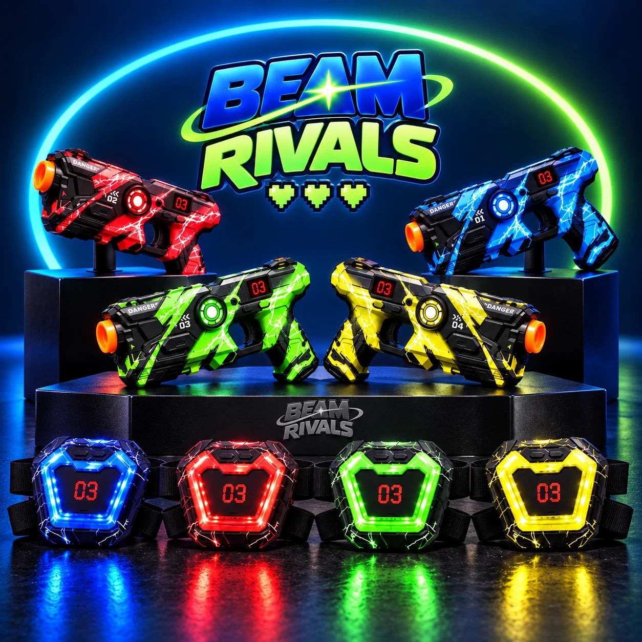 The four-player BEAM RIVALS set, with four blasters and four matching chest targets