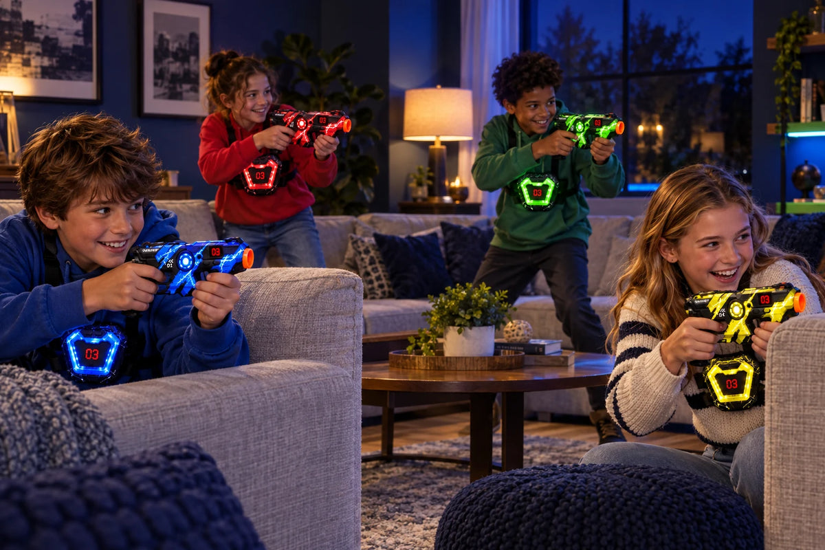Four players enjoying blue, red, green and yellow BEAM RIVALS laser tag sets in a living room